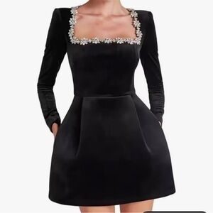 Chic Black Long Sleeve Dress with Embellished Neckline